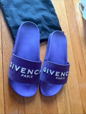 Givenchy Purple Logo Slide Sandals with White Branding